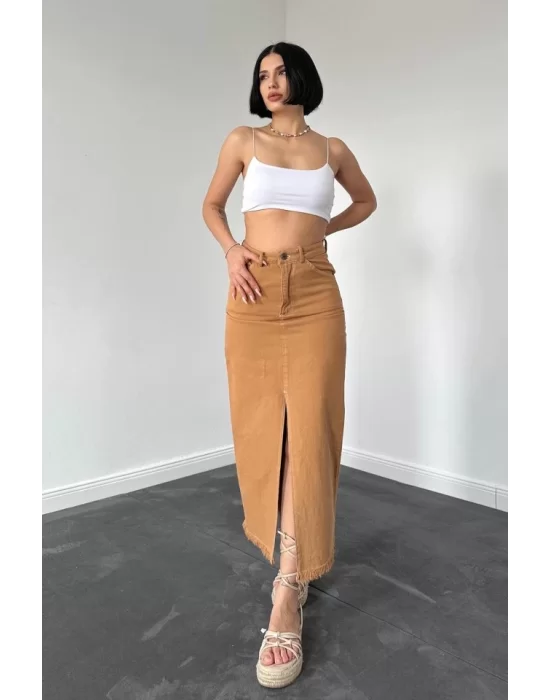 Camel Gabardin Boyamalı Püsküllü Etek
