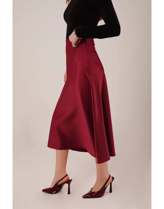 Çan Kesim Midi Bordo Saten Etek