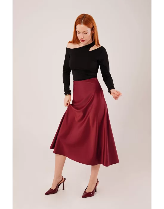 Çan Kesim Midi Bordo Saten Etek