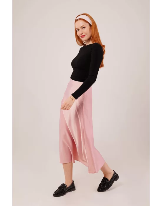 Çan Kesim Midi Pembe Saten Etek