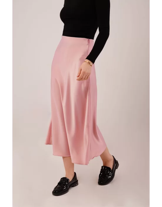 Çan Kesim Midi Pembe Saten Etek