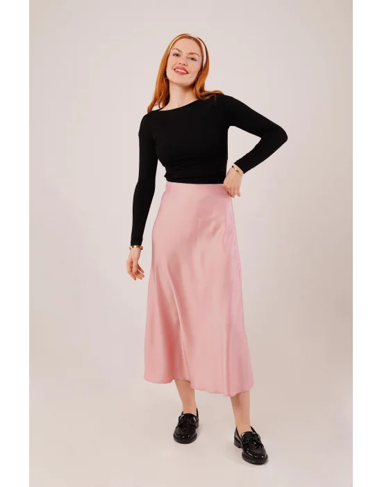 Çan Kesim Midi Pembe Saten Etek