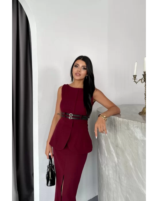 CEKET-ETEK GÖRÜNÜMLÜ ELBİSEÇİFT KEMER DETAYLI - Bordo