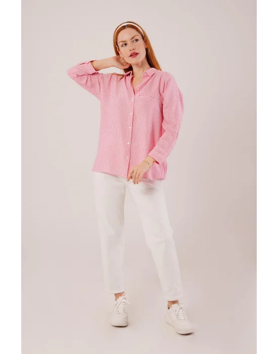 Cep Detay Çizgili Oversize Pembe Gömlek