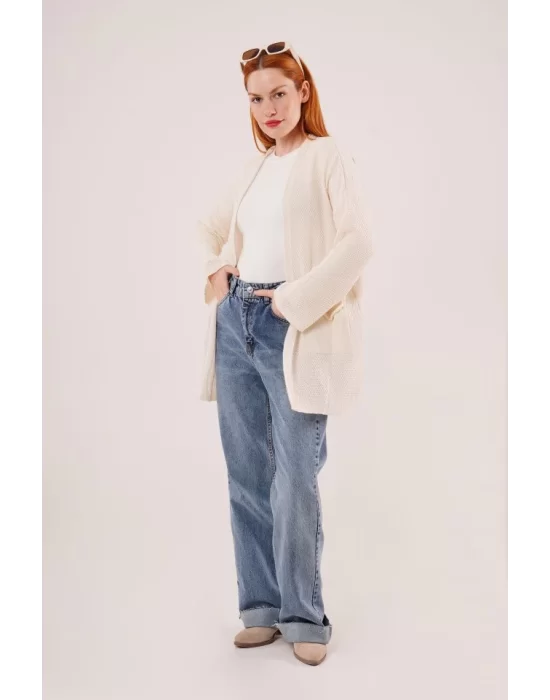 Cepli Salaş Model Triko Uzun Krem Hırka