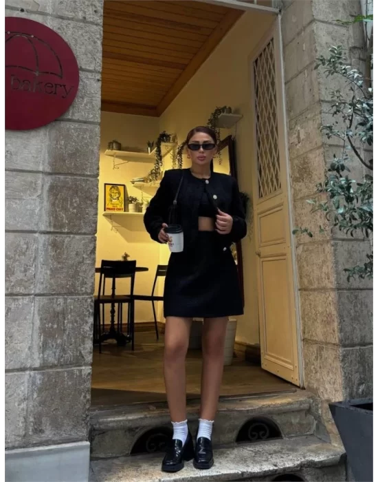 CHANEL CROP CEKET-KISA ETEK TAKIM - Siyah