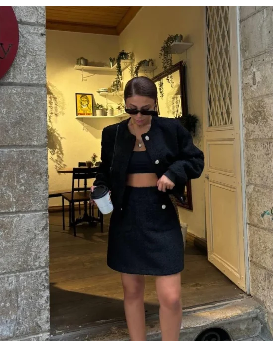 CHANEL CROP CEKET-KISA ETEK TAKIM - Siyah