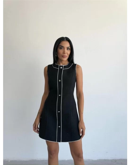 CHANEL KUMAŞ KISA ÖNDEN DÜĞMELİ ELBİSE - Siyah