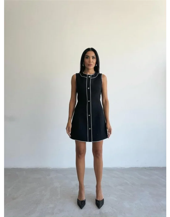 CHANEL KUMAŞ KISA ÖNDEN DÜĞMELİ ELBİSE - Siyah