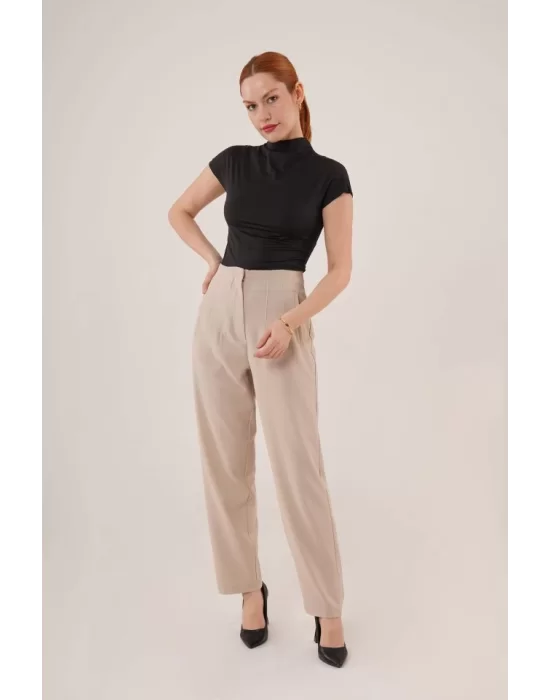 Çift Pens Detaylı Krem Pantolon