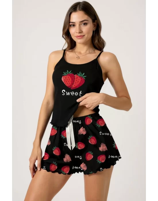 Çilek Baskılı Siyah Askılı Şortlu Pijama Takımı