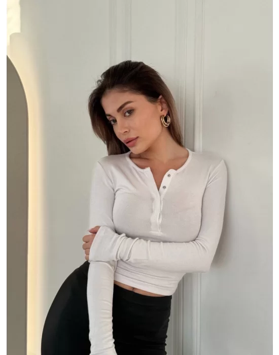 Cıt Cıt Detaylı Uzun Kollu Crop - Beyaz