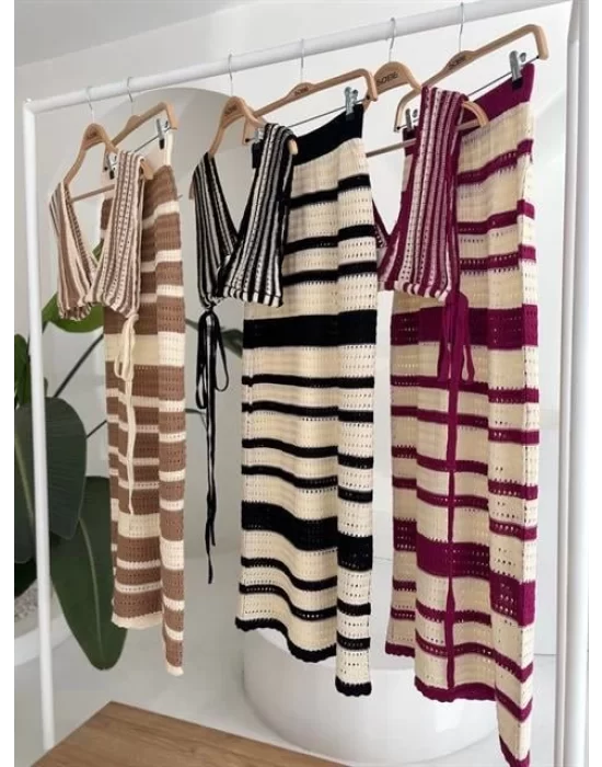 Çizgili Bikini Üst Ve Etek Triko Takım 10110
