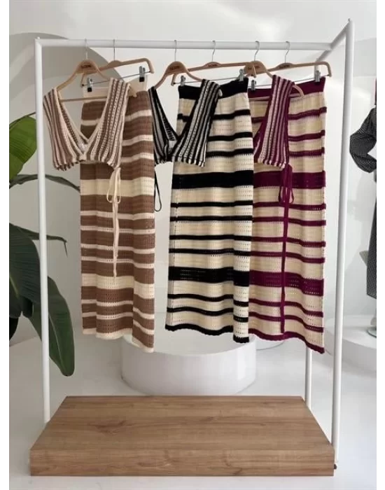 Çizgili Bikini Üst Ve Etek Triko Takım 10110