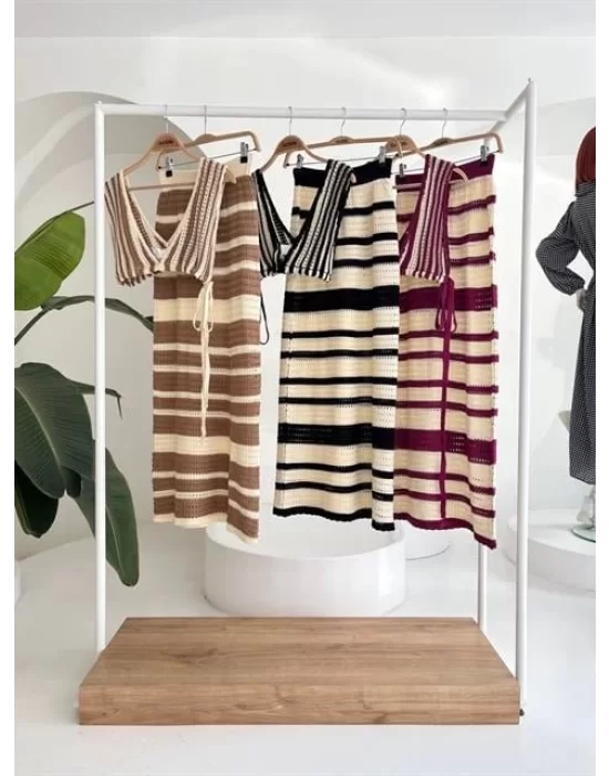 Çizgili Bikini Üst Ve Etek Triko Takım 10110