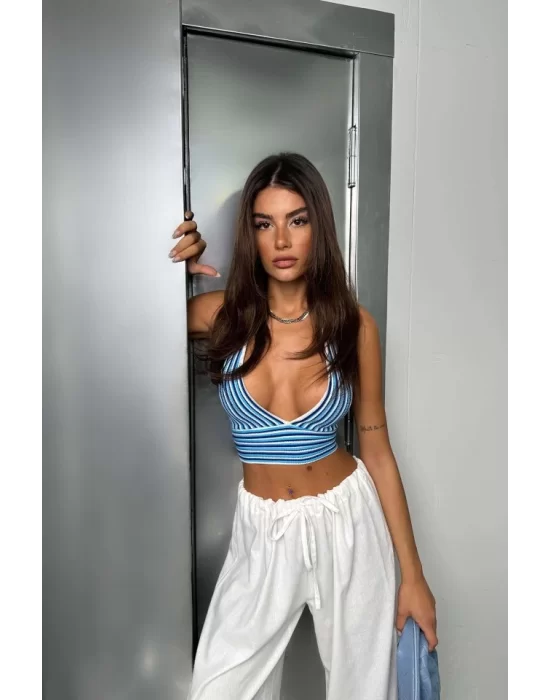 Çizgili Boyun Bağlamalı Crop