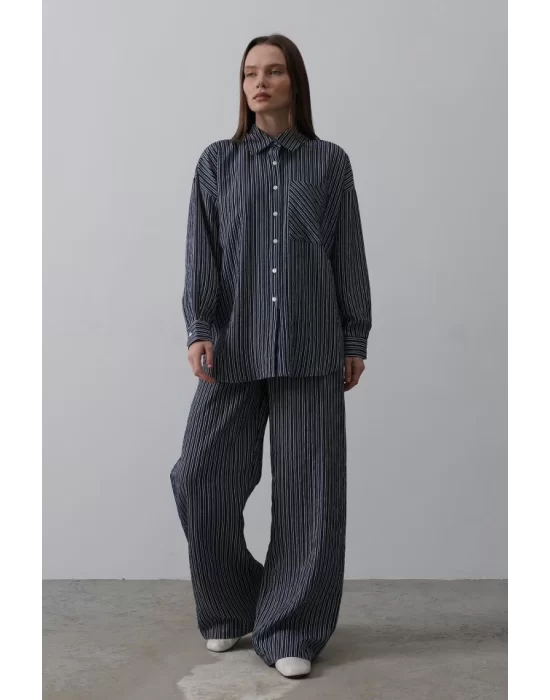 Çizgili Cep Detaylı Oversize Takım - Bebe Mavisi
