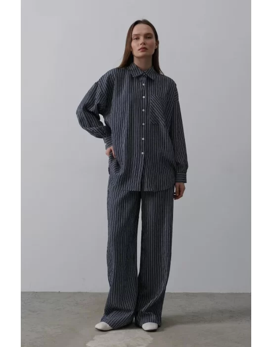 Çizgili Cep Detaylı Oversize Takım - Bebe Mavisi
