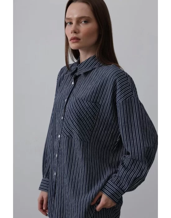 Çizgili Cep Detaylı Oversize Takım - Bebe Mavisi