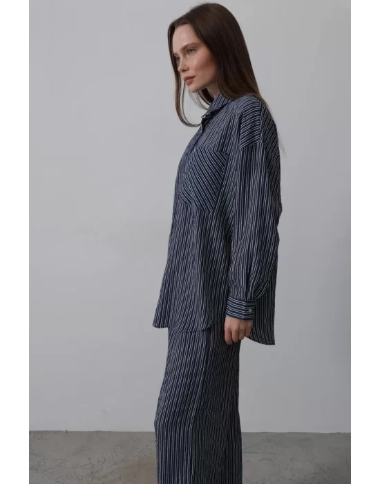 Çizgili Cep Detaylı Oversize Takım - Bebe Mavisi