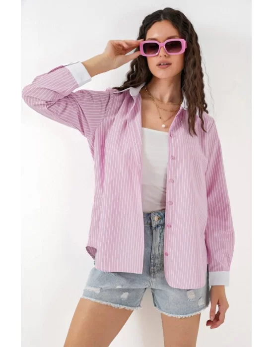 Çizgili Gömlek 20288 - Pembe
