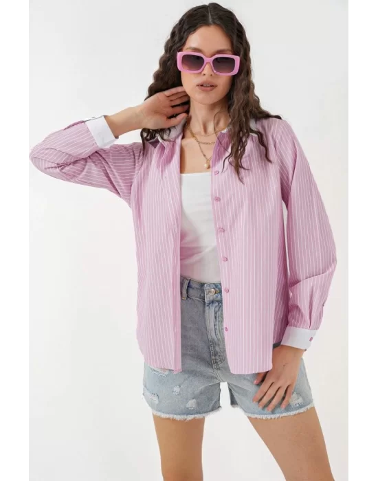 Çizgili Gömlek 20288 - Pembe