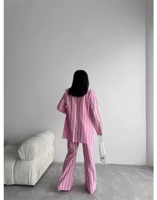 ÇİZGİLİ KETEN YELEK-PANTOLON TAKIM - Pembe