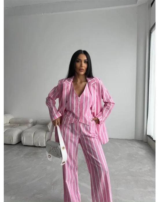 ÇİZGİLİ KETEN YELEK-PANTOLON TAKIM - Pembe