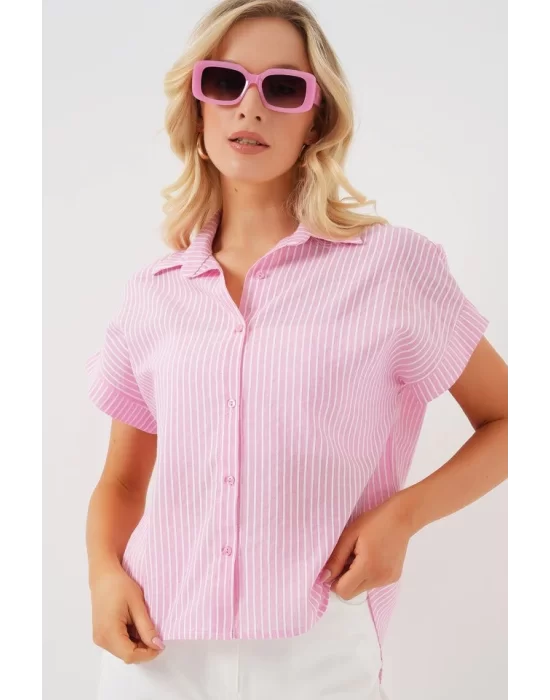 Çizgili Kısa Kol Gömlek 20324 - Pembe