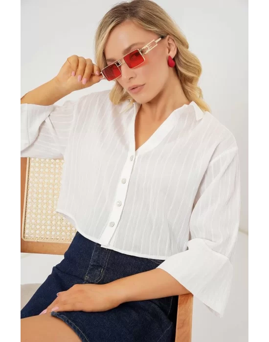 Çizgili Oversize Kısa Gömlek 20326 - Beyaz