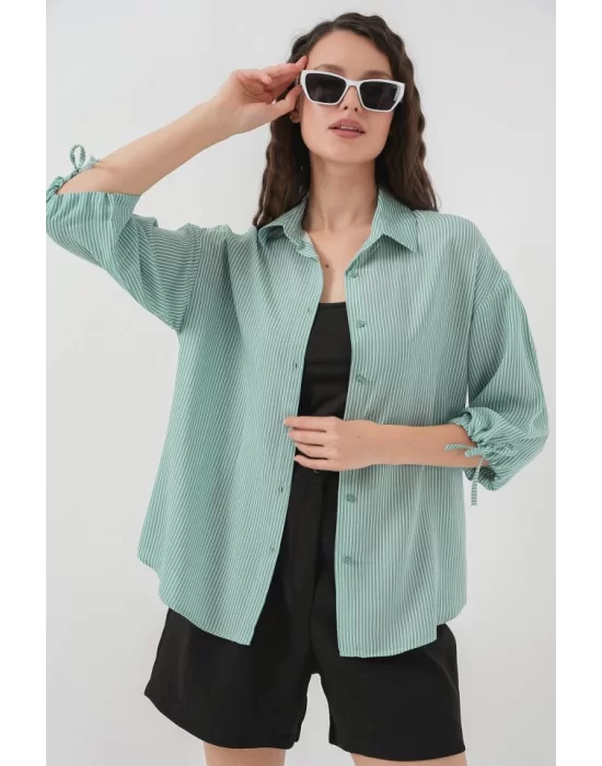 Çizgili Oversize Kısa Kol Gömlek 20296 - Mint