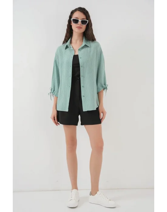 Çizgili Oversize Kısa Kol Gömlek 20296 - Mint