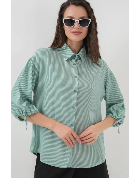 Çizgili Oversize Kısa Kol Gömlek 20296 - Mint