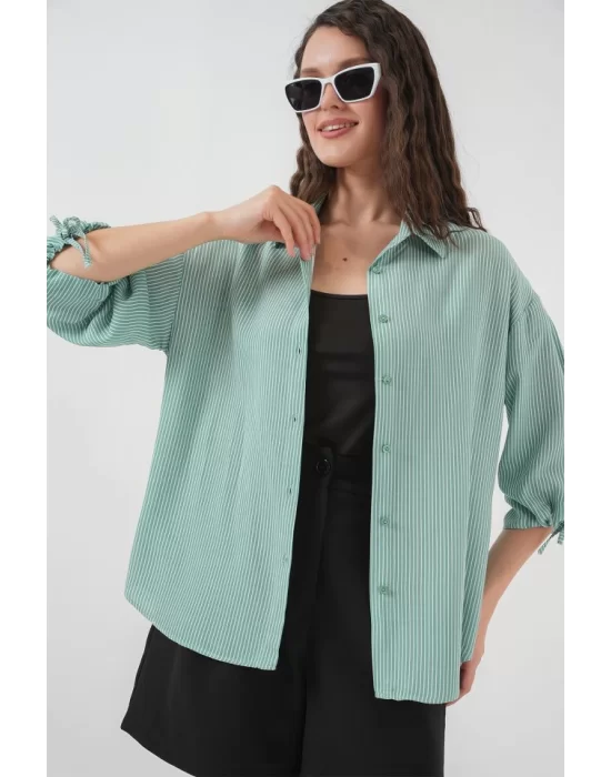 Çizgili Oversize Kısa Kol Gömlek 20296 - Mint