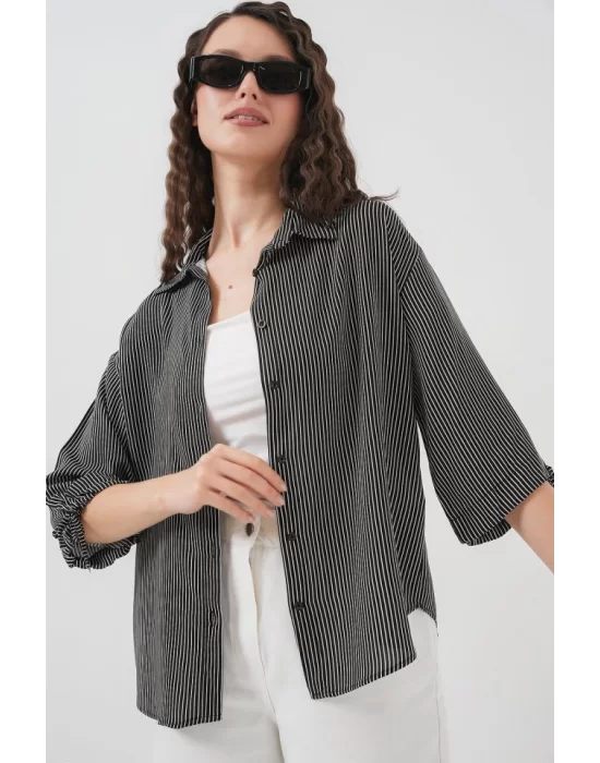 Çizgili Oversize Kısa Kol Gömlek 20296 - Siyah