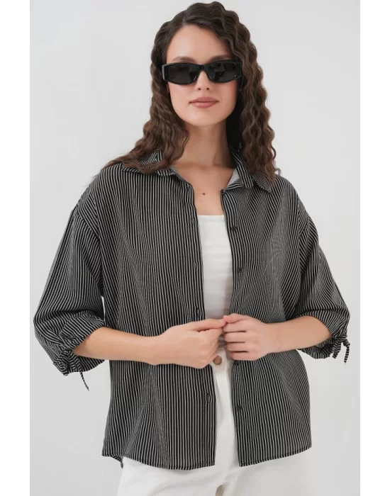 Çizgili Oversize Kısa Kol Gömlek 20296 - Siyah