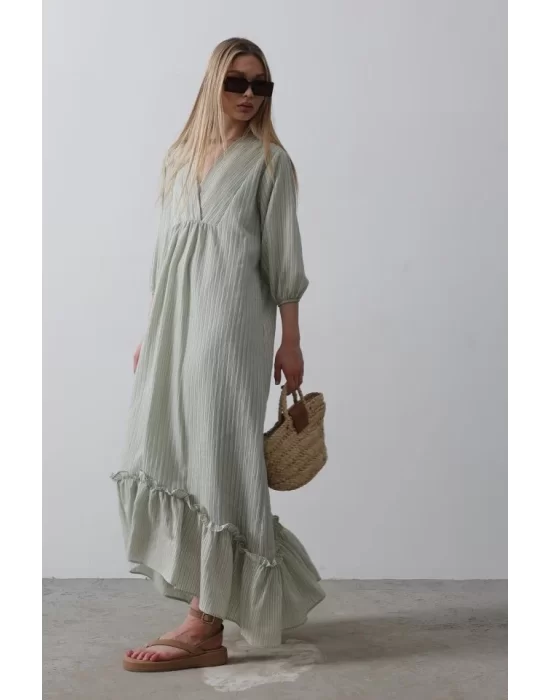 Çizgili Oversize V Yaka Elbise - Haki