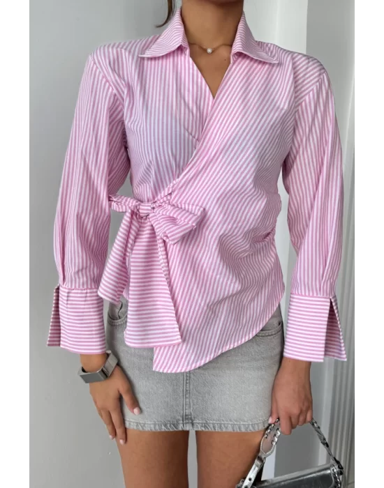 ÇİZGİLİ POPLİN KRUVAZE BAĞLAMALI GÖMLEK - Pembe