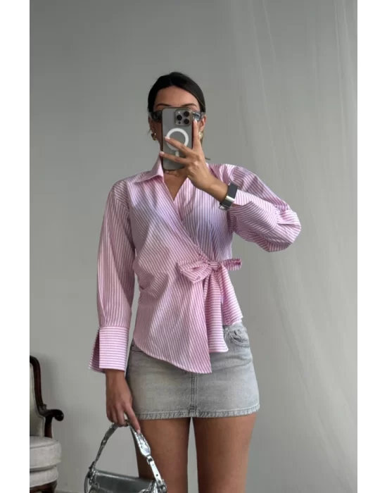 ÇİZGİLİ POPLİN KRUVAZE BAĞLAMALI GÖMLEK - Pembe