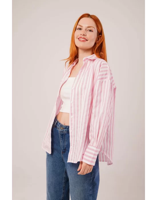 Çizgili Rahat Kesim Pembe Gömlek