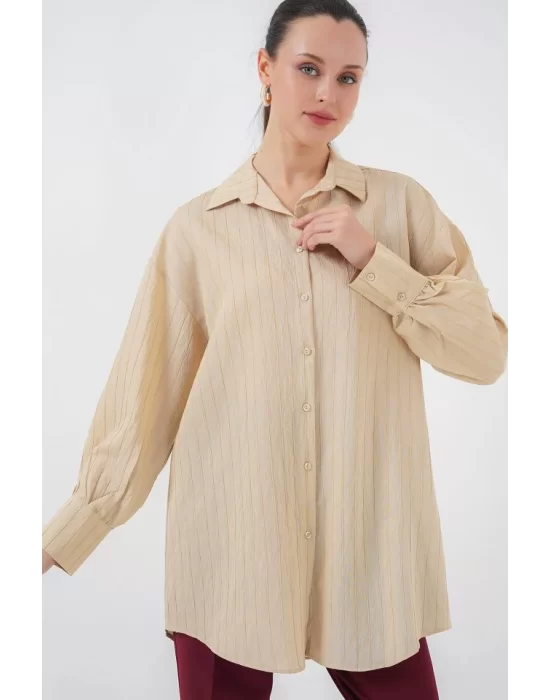 Çizgili Uzun Gömlek Tunik 5963 - Bej