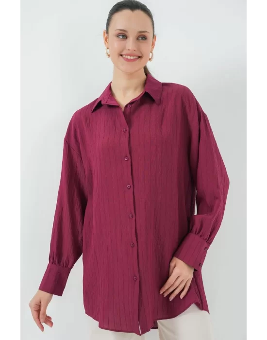 Çizgili Uzun Gömlek Tunik 5963 - Bordo