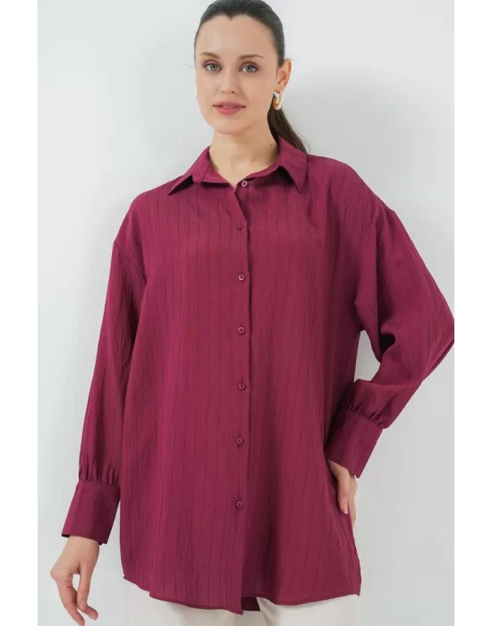 Çizgili Uzun Gömlek Tunik 5963 - Bordo