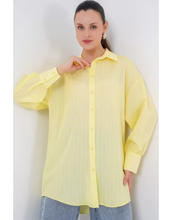 Çizgili Uzun Gömlek Tunik 5963 - Sarı