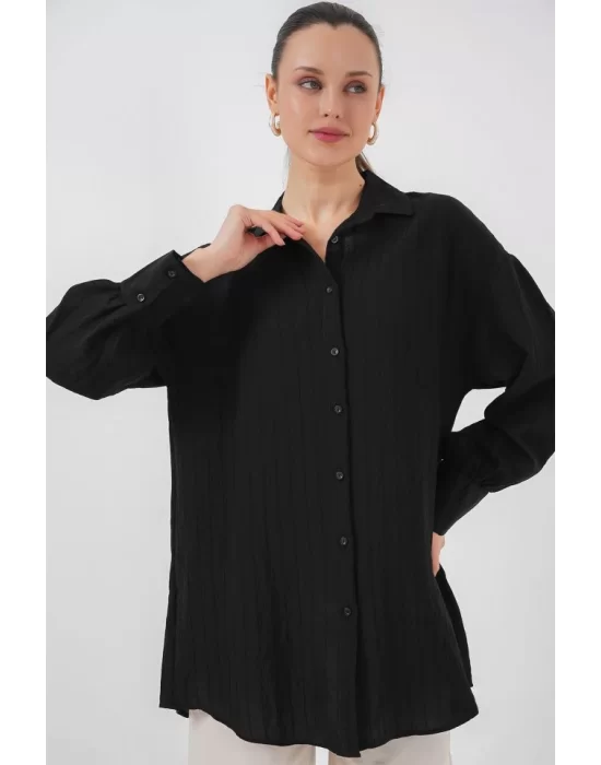 Çizgili Uzun Gömlek Tunik 5963 - Siyah