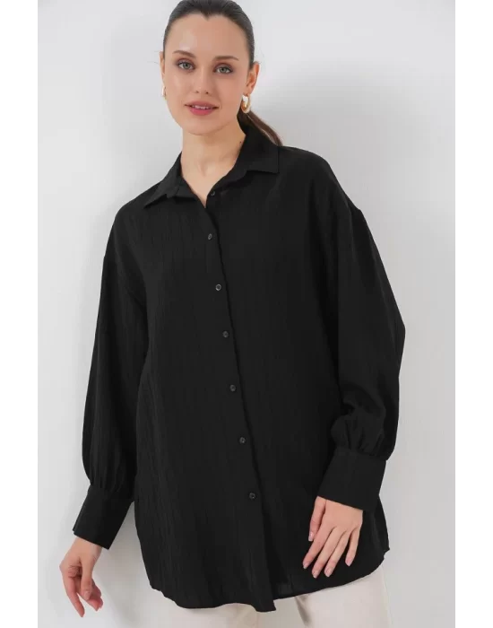 Çizgili Uzun Gömlek Tunik 5963 - Siyah