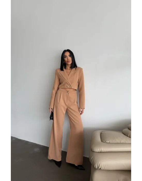CROP CEKET - PANTOLON TAKIM GOLD DÜĞME DETAYLI - Kahverengi