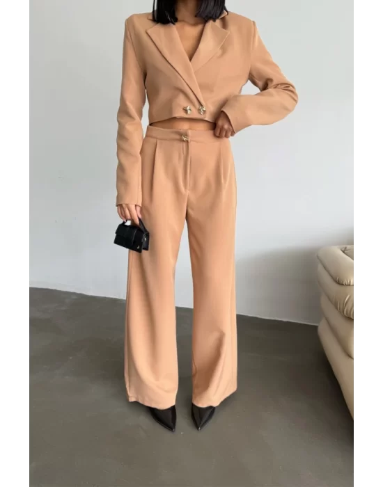 CROP CEKET - PANTOLON TAKIM GOLD DÜĞME DETAYLI - Kahverengi
