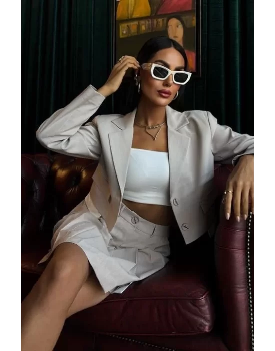 Crop Ceketli Ve Pile Etekli Garnili Takım 10111
