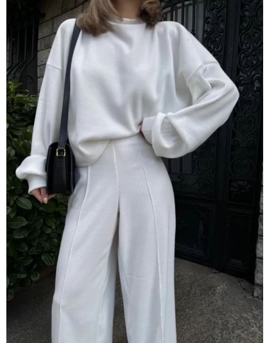 Crop, Pantolon Fitilli İkili Takım -Beyaz